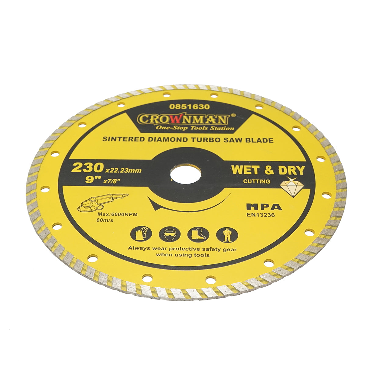 Turbo sintered diamond disc 230x22.23mm, max speed 6600rpm, wet/dry cutting for stone, tiles, ceramics, marble Crownman