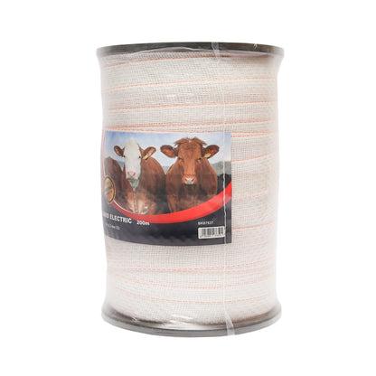 White-orange band roll, width 40mm 10x0.3mm with a length of 200m, resistance 1ohm/m for electric fence Breckner Germany