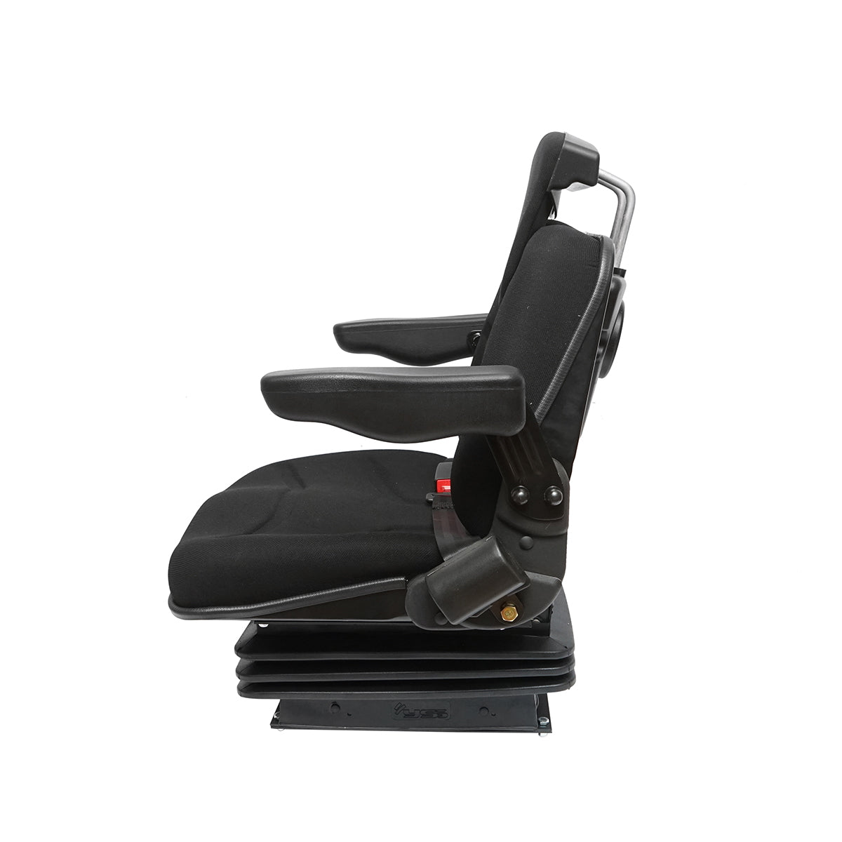 Black adjustable tractor seat with armrest, headrest, seatbelt, and mechanical suspension, seat width 455mm
