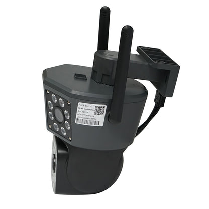 Surveillance camera with 3 lenses, 3 objectives 6 MP, WIFI 2.4GHz, 360-degree PTZ rotation with motion sensor, alarm, human detection, and IPC360 Home application.