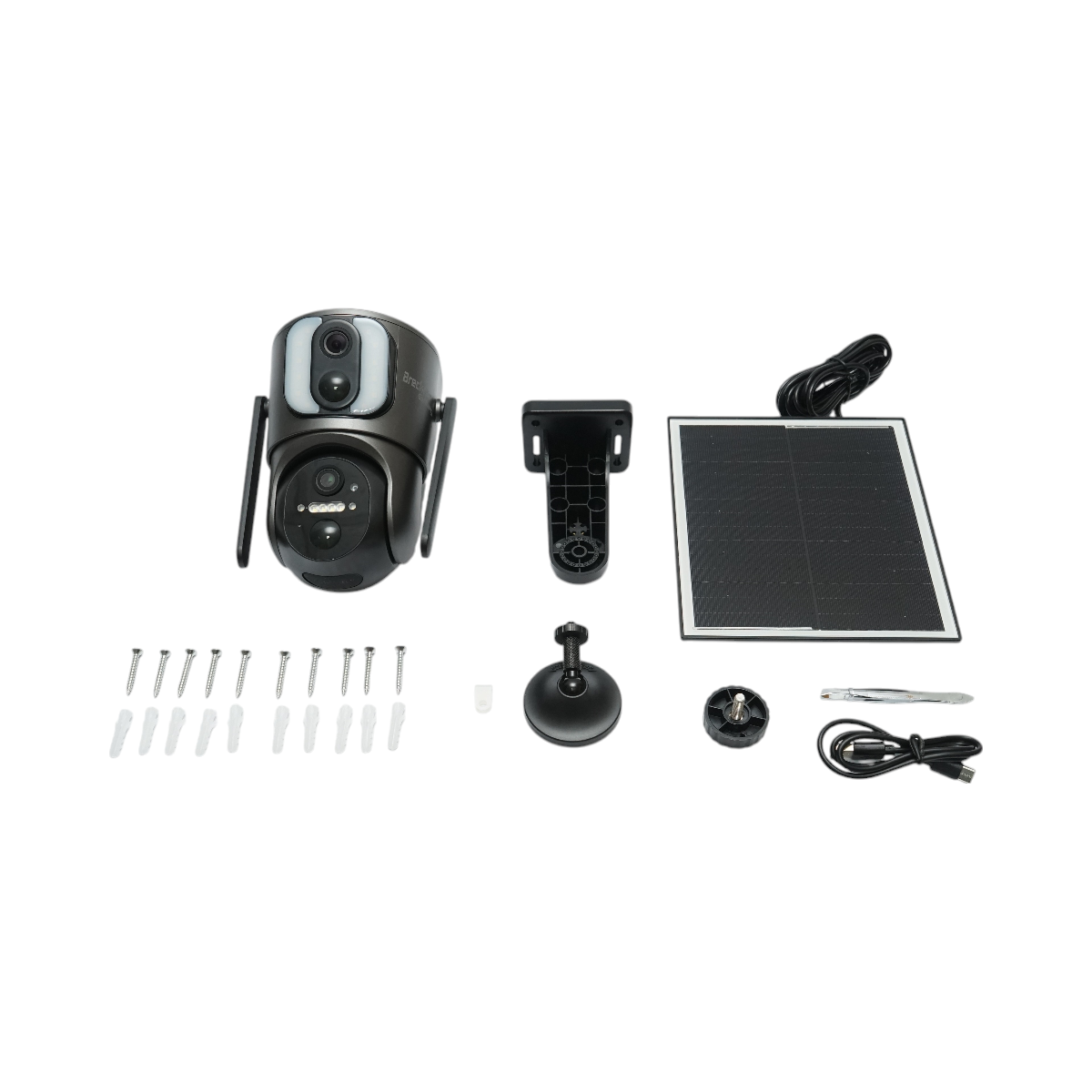 Surveillance camera with dual lens 6MP, 4G, 2.4 GHz WIFI with solar panel, 13500 mAh battery, PTZ control, motion sensor, human detection PIR, smart IR night vision, and Ubox application.