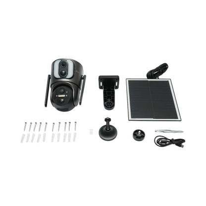 Surveillance camera with dual lens 6MP, 4G, 2.4 GHz WIFI with solar panel, 13500 mAh battery, PTZ control, motion sensor, human detection PIR, smart IR night vision, and Ubox application.