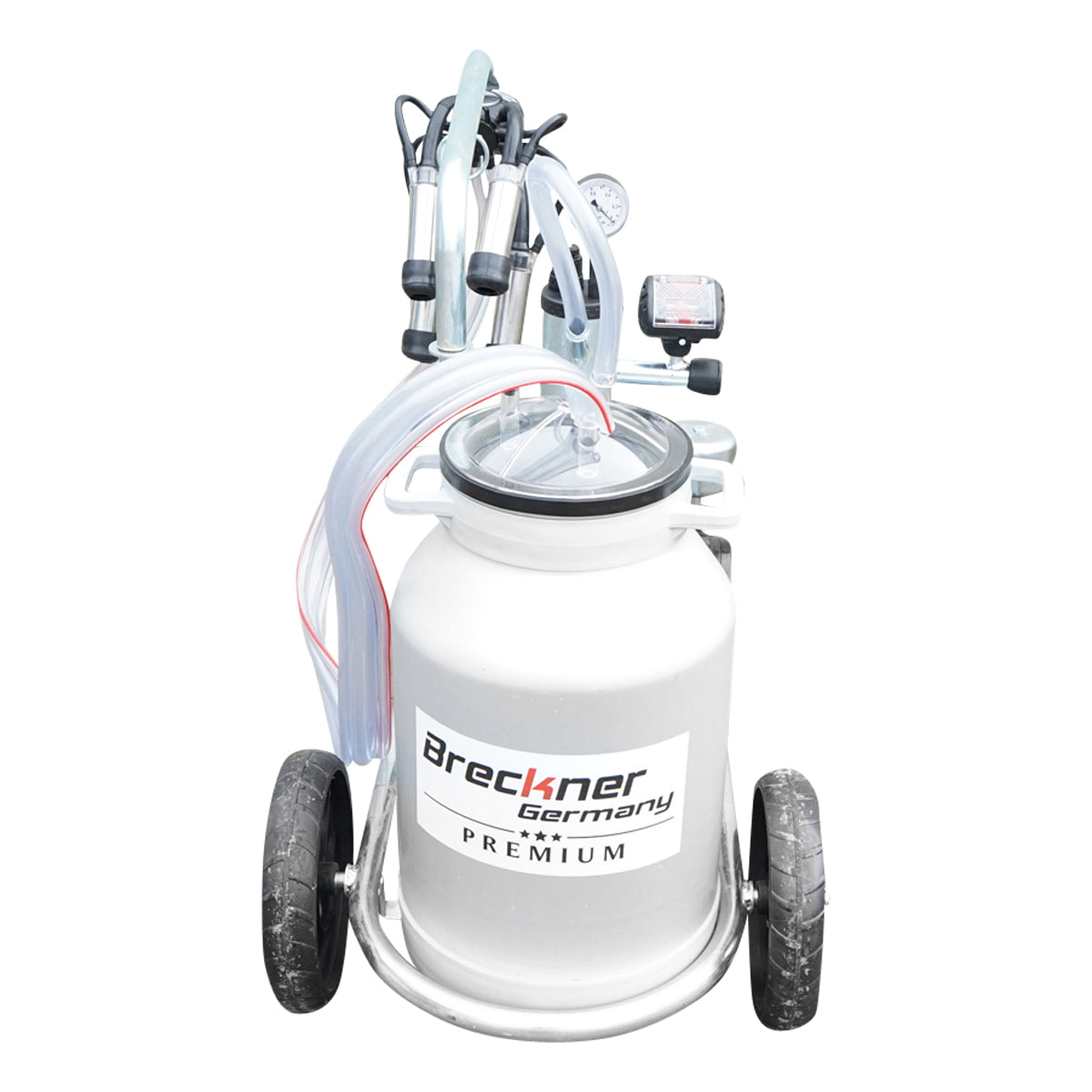 Cow milking machine with a 160cc collector group, galvanized chassis, 30L aluminum tank, 1 post, Breckner Germany stainless steel cup