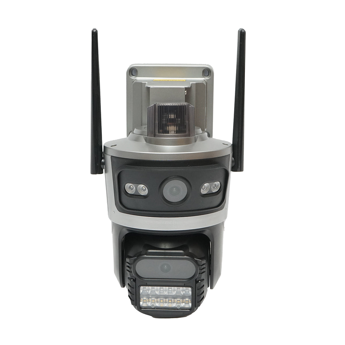 Dual lens 4 MP surveillance camera, 4G SIM card, 2.4 GHz WIFI with 7.6W solar panel, fast charging 18650 battery, 360-degree rotatable PTZ with motion sensor, human detection PIR, alarm, night vision, and iCSee application