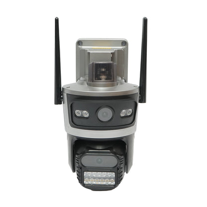 Dual lens 4 MP surveillance camera, 4G SIM card, 2.4 GHz WIFI with 7.6W solar panel, fast charging 18650 battery, 360-degree rotatable PTZ with motion sensor, human detection PIR, alarm, night vision, and iCSee application