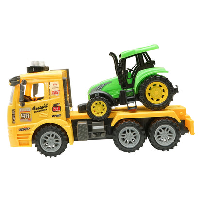Yellow truck with authentic battery-powered trailer details together with a green toy tractor