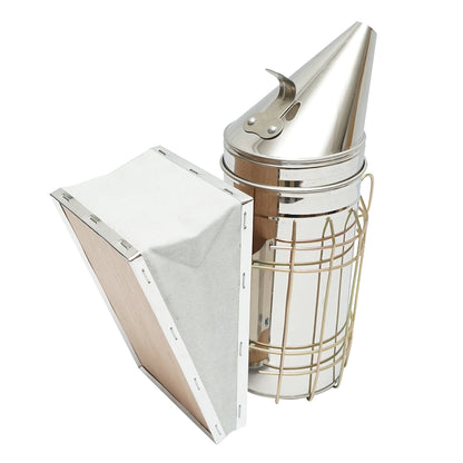 Stainless steel bee smoker with thermal shield cylinder and leather bellows 190mm