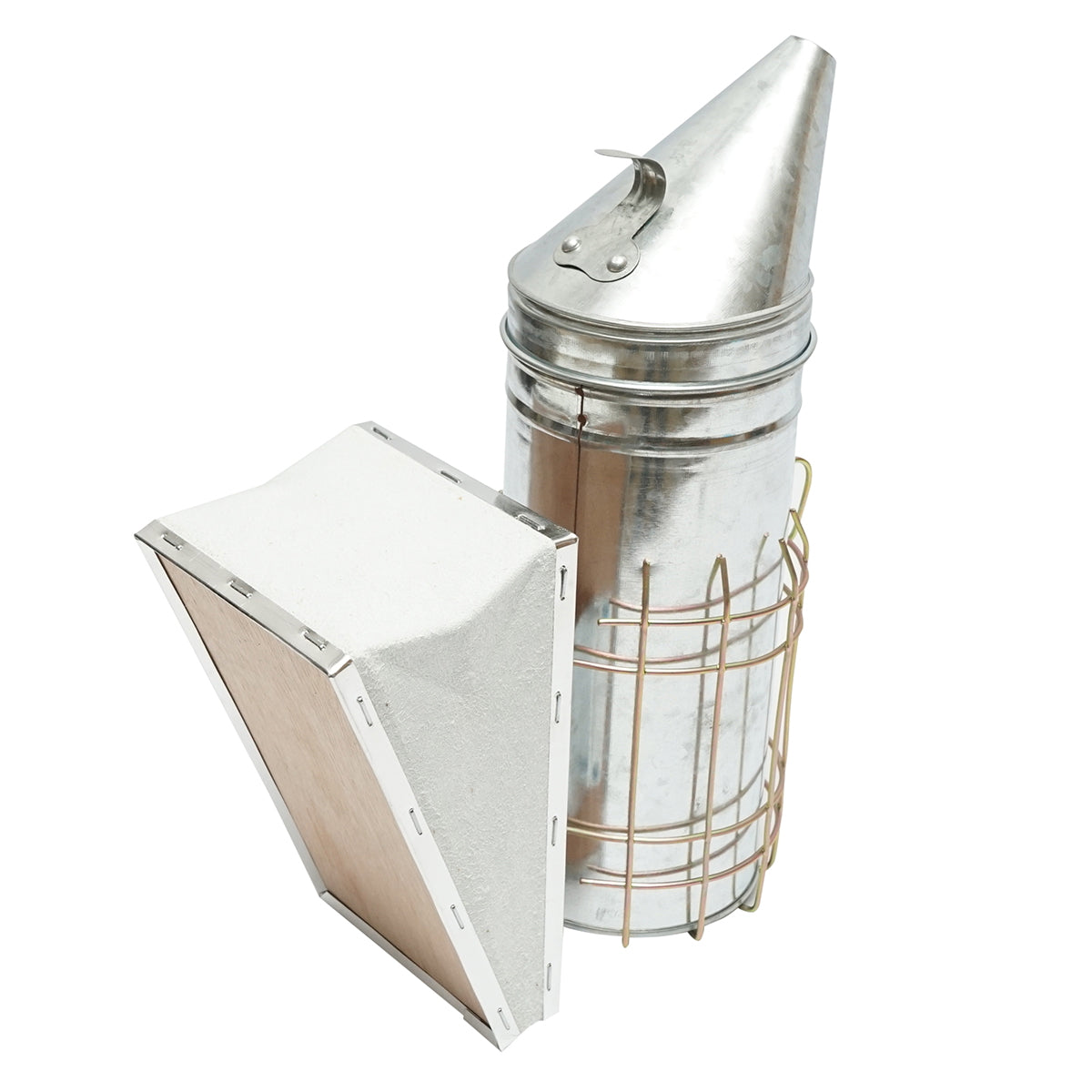 Bee smoker made of galvanized steel with thermal shield cylinder and leather bellows 230mm