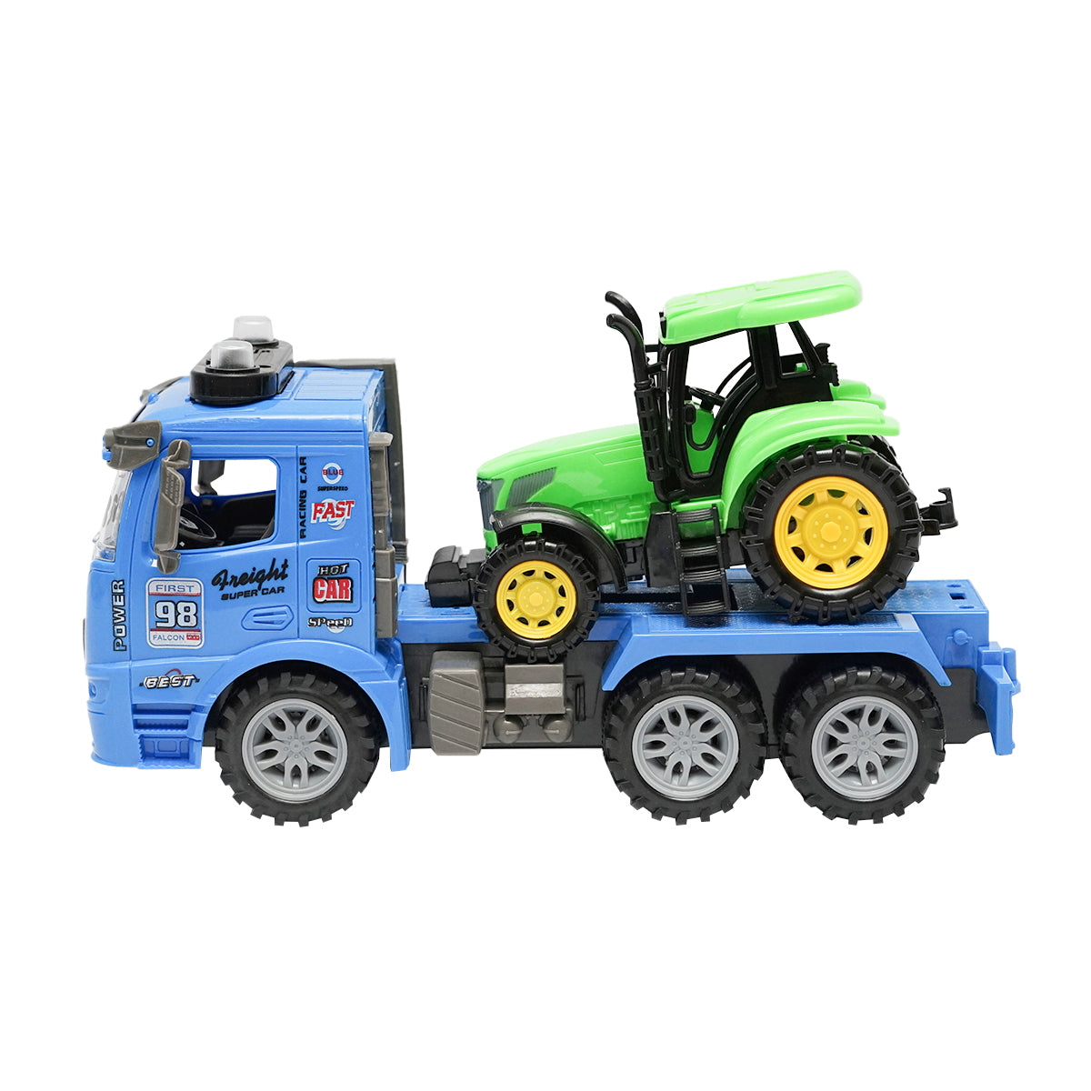 Blue trailer truck with authentic details on batteries together with a green toy tractor