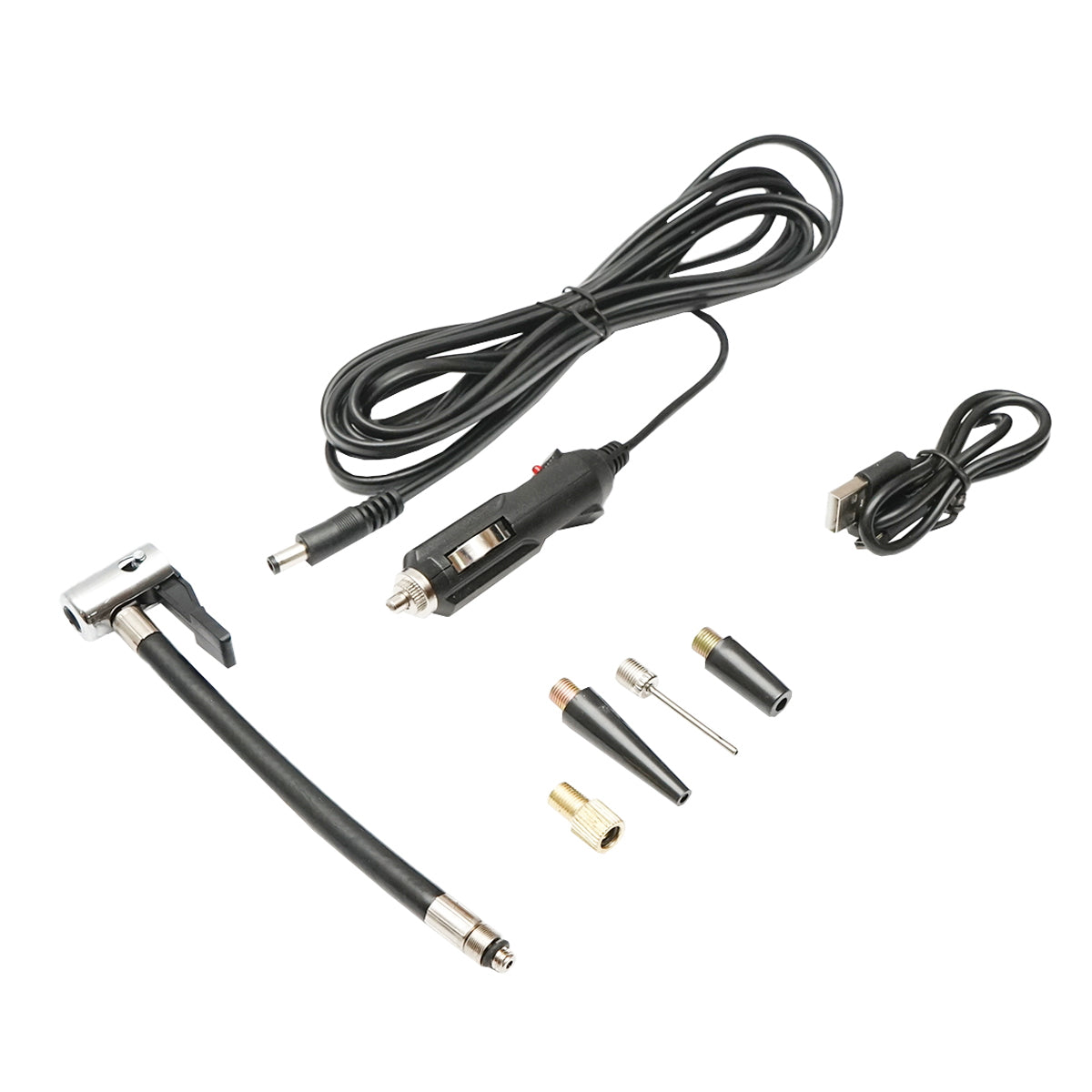 Black portable air compressor 12.4V 6000mAh rechargeable battery 250x56x47mm with accessories