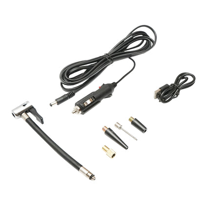 Black portable air compressor 12.4V 6000mAh rechargeable battery 250x56x47mm with accessories