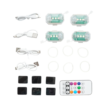 Set of 4 RGB strobe LED lights with remote control, 10 modes, 8 colors, 150mAh rechargeable lithium battery USB-C IP65