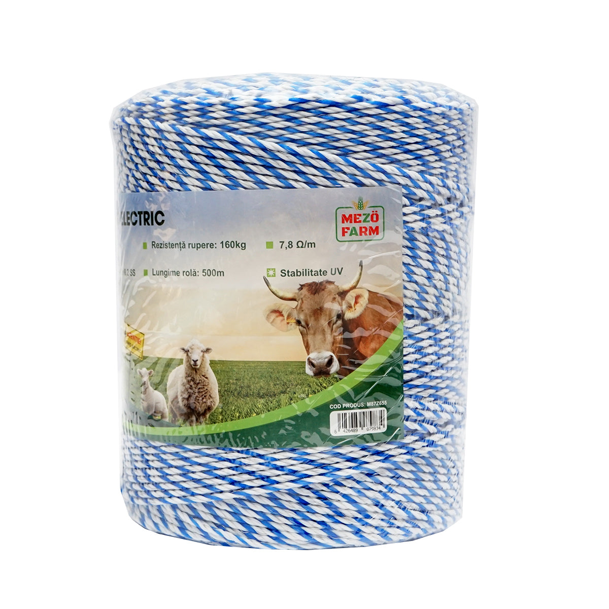 White-blue wire roll 3mm with metal insert 3x0.2mm SS, resistance 7.8 Ohm/m, 500m electric fence Mezofarm