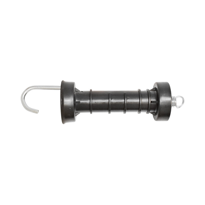 Black gate handle with hook and electric fence arc Mezofarm