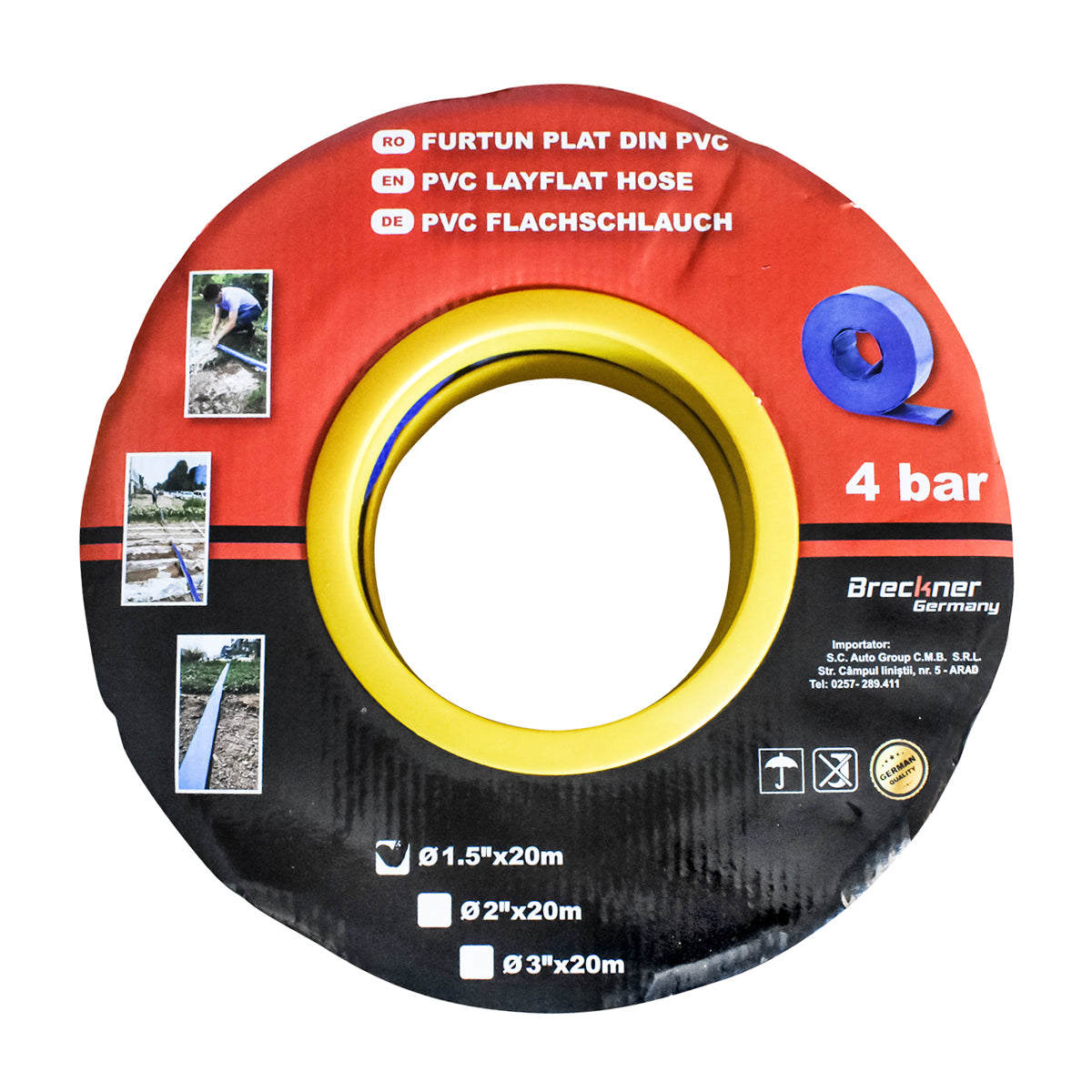 Flat, silicone irrigation hose made of PVC, 1.5 inches, length 20m, Breckner Germany