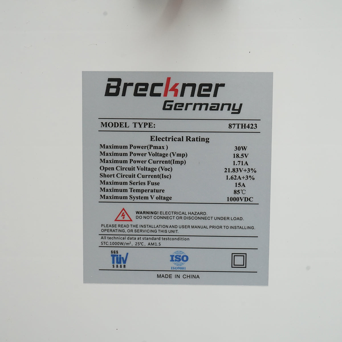 30W monocrystalline photovoltaic solar panel with a 90cm connection cable and maximum voltage of 18V 420x405x25mm Breckner Germany
