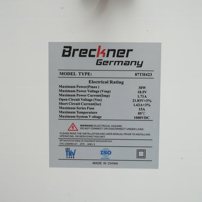 30W monocrystalline photovoltaic solar panel with a 90cm connection cable and maximum voltage of 18V 420x405x25mm Breckner Germany