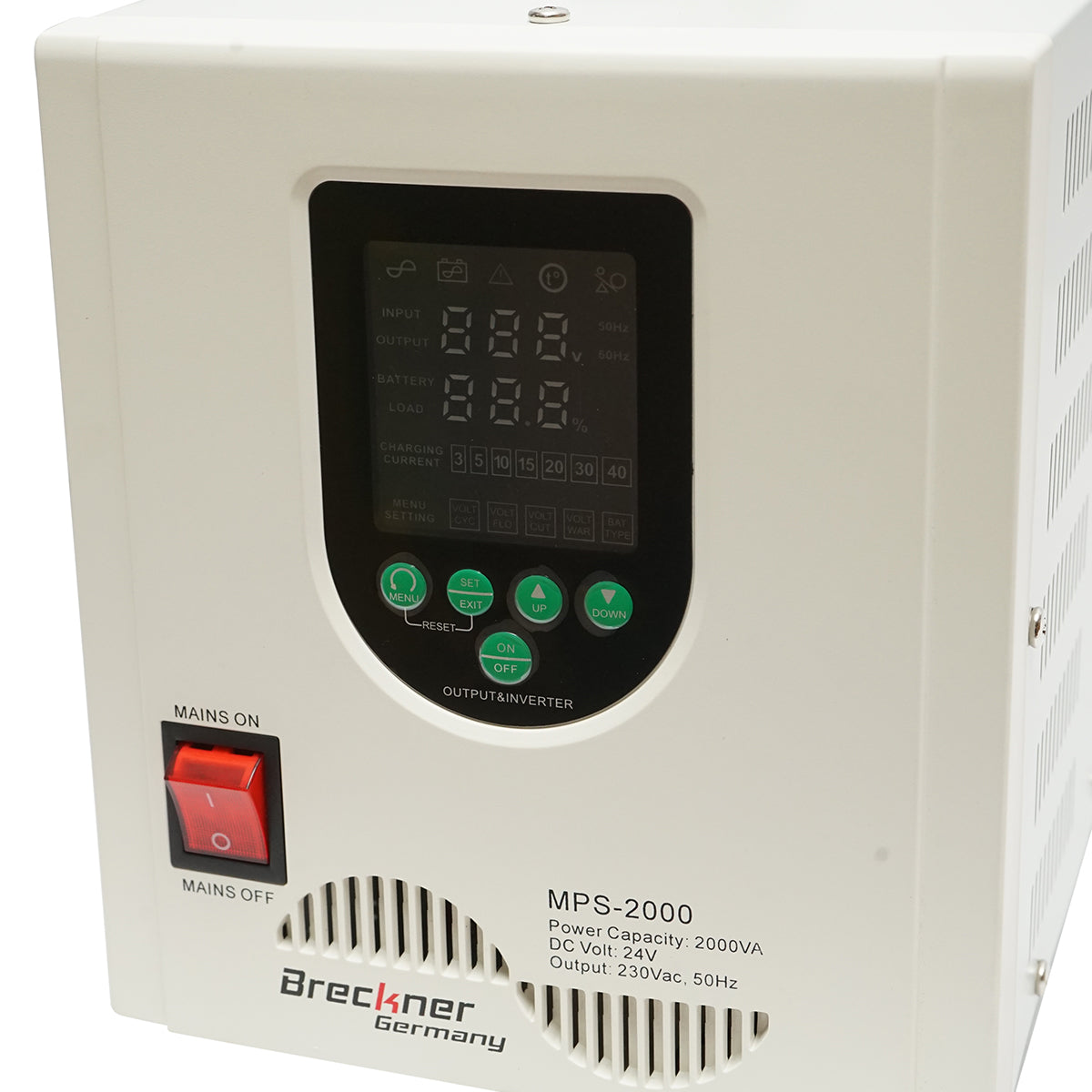 UPS with inverter for heating system 1400W/2000VA, pure sine wave 24V/230V, 2 schuko sockets, LCD display, AVR Breckner Germany