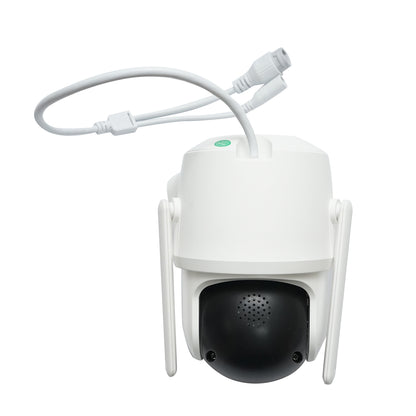 Surveillance camera with 3 lenses, 3 objectives 8 MP, 2 dual control CPUs, P2P WIFI 2.4G, PTZ with motion sensor, alarm, night vision, AI human detection, and iCSee application.