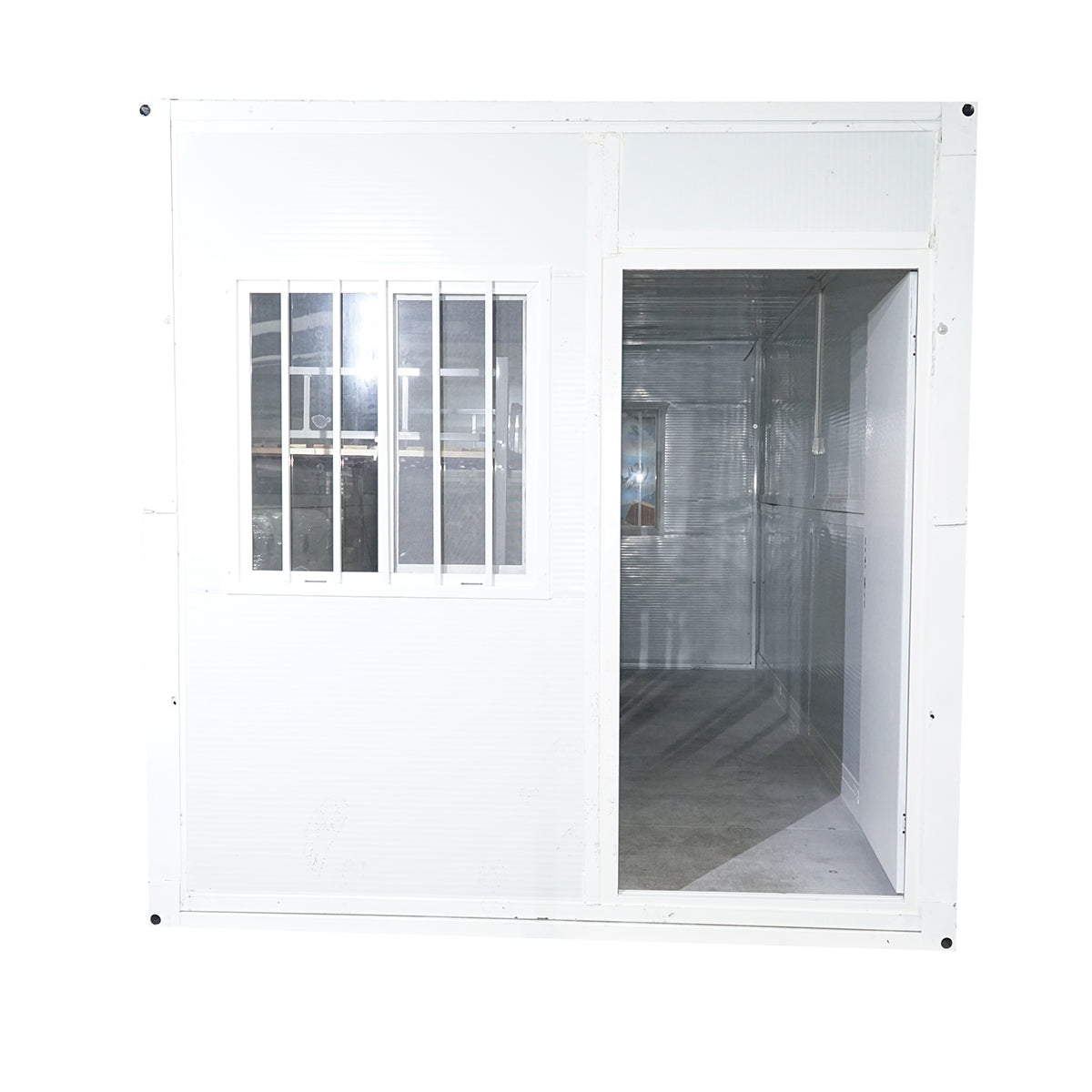 Foldable house type container 5800x2460x2510mm with door, 2 windows, shower cabin, toilet, and 2 bunk beds.