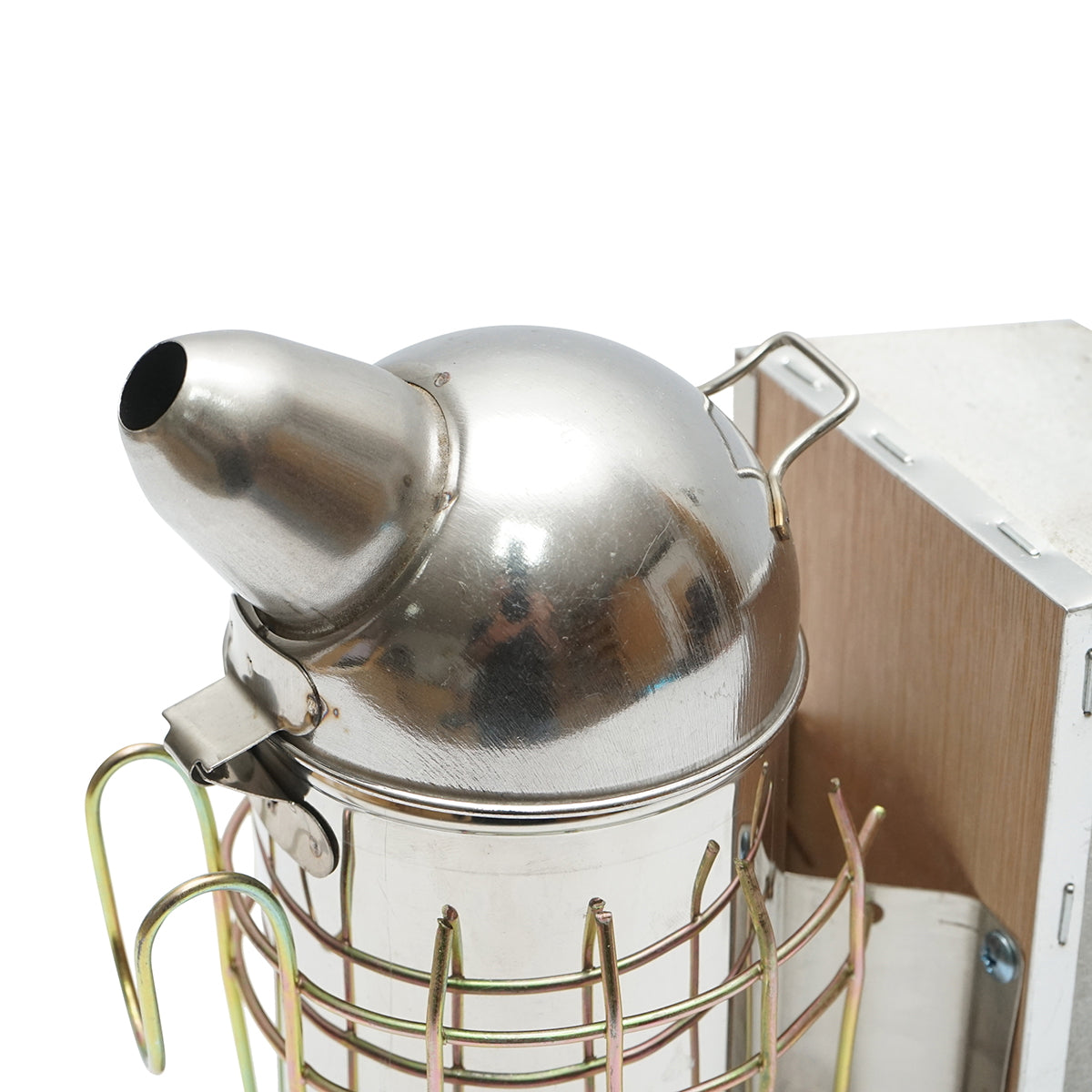 Smoker for bees made of stainless steel with a thermal shield cylinder and leather bellows 210mm