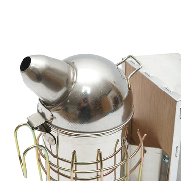 Smoker for bees made of stainless steel with a thermal shield cylinder and leather bellows 210mm
