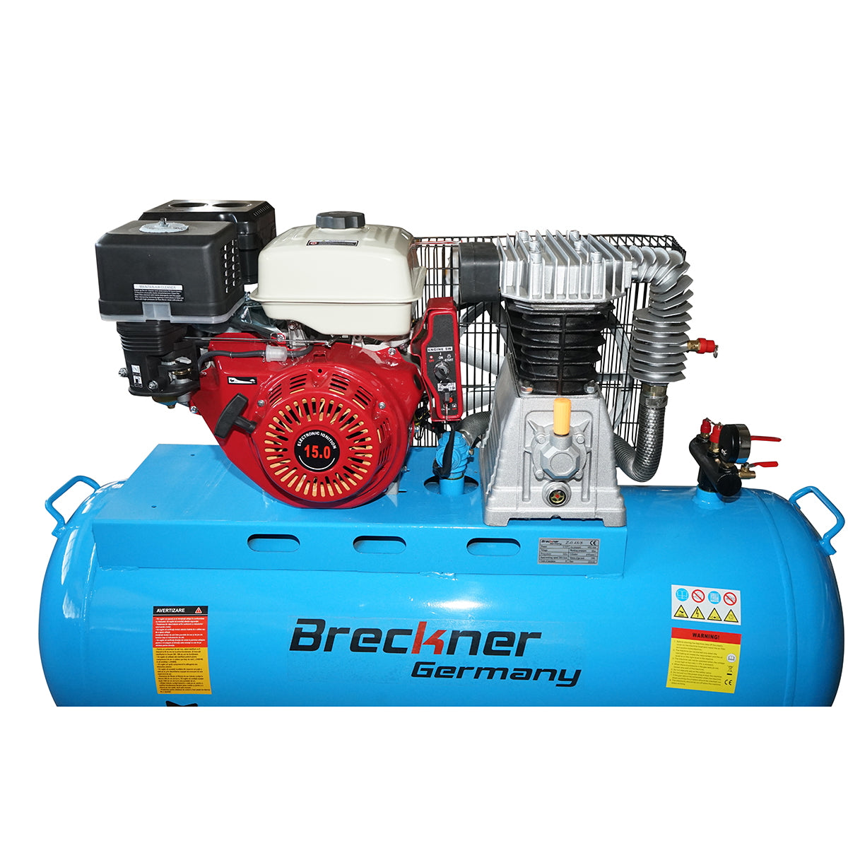 Air compressor 200L power 4.8kW/6.5HP pressure 8 Bar, flow rate 200L/min with 15HP gasoline engine and electric start Breckner Germany