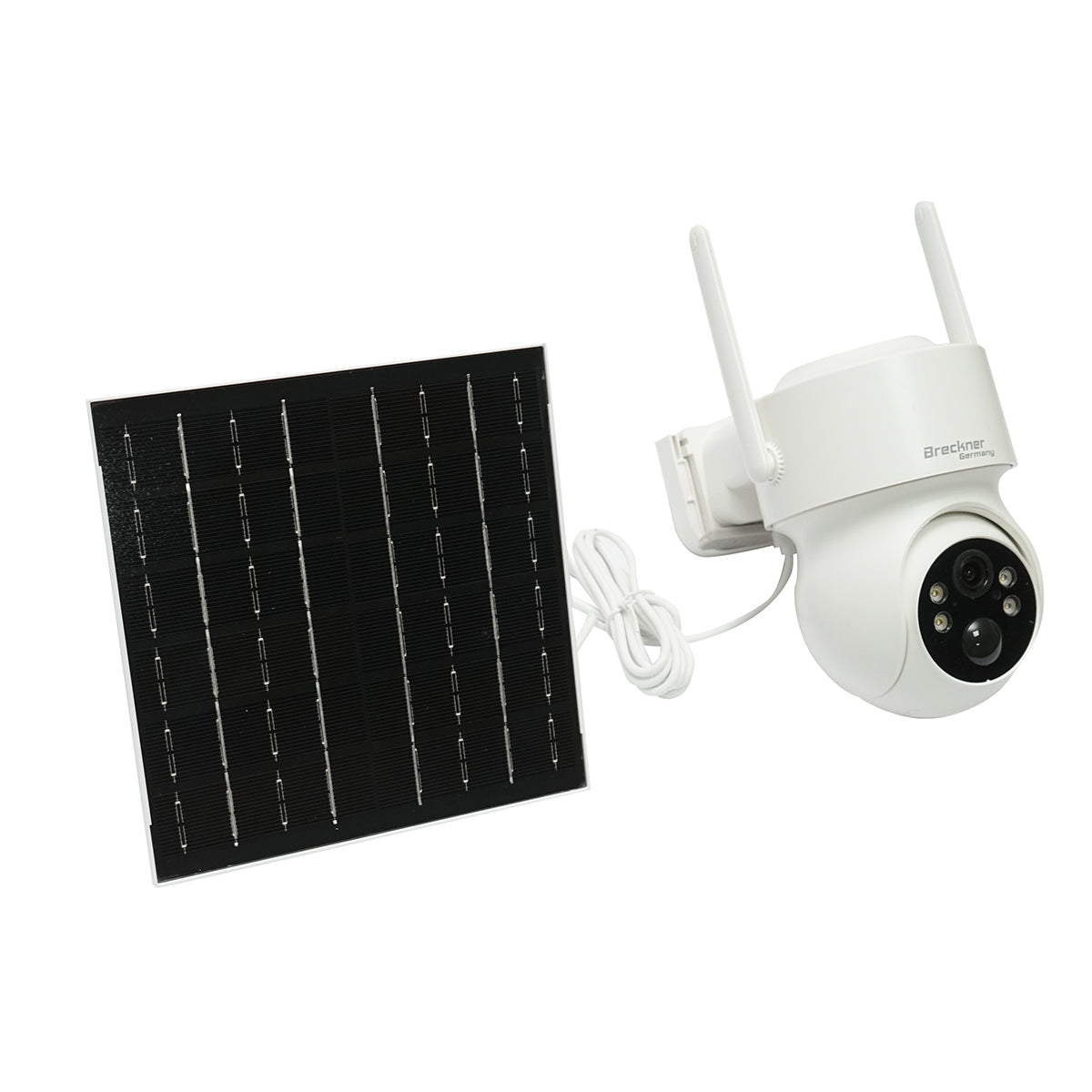 4 MP surveillance camera with 5W solar panel, fast charging 18650 battery, 2.4 GHz WIFI, 360-degree rotating PTZ with motion sensor, human detection PIR, alarm, night vision, and iCSee app.