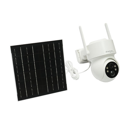 4 MP surveillance camera with 5W solar panel, fast charging 18650 battery, 2.4 GHz WIFI, 360-degree rotating PTZ with motion sensor, human detection PIR, alarm, night vision, and iCSee app.