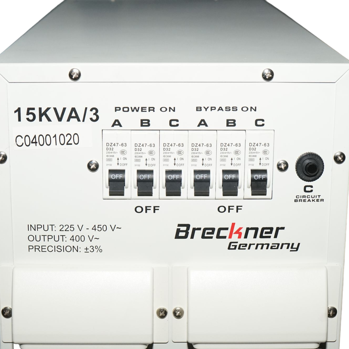 Automatic voltage stabilizer 15KVA, 12KW three-phase with servomotor Breckner Germany