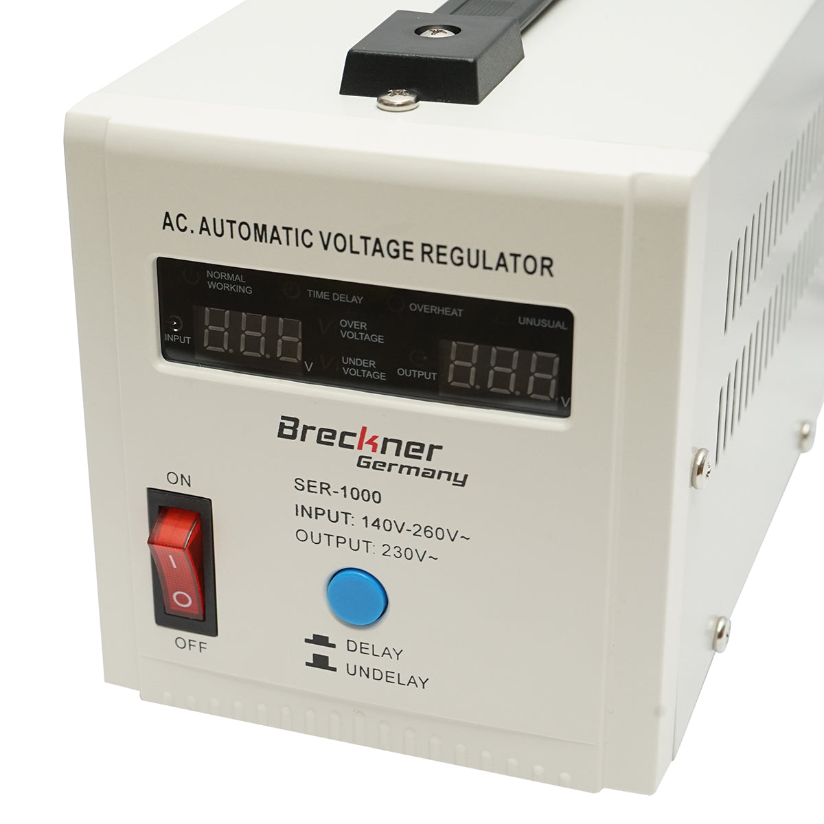 Single-phase automatic voltage stabilizer with relay 1000VA/140-260V, 2 Schuko sockets 230V, LCD display Breckner Germany