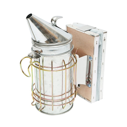 Smoker for bees made of stainless steel with a thermal shield cylinder and leather bellows 160mm