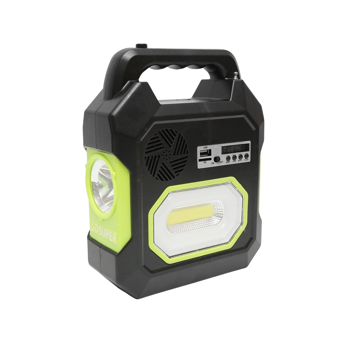 Portable LED lighting kit with 3 bulbs/projector, FM radio, solar panel, and 6V, 4.5 Ah battery for fishing camping GD-15