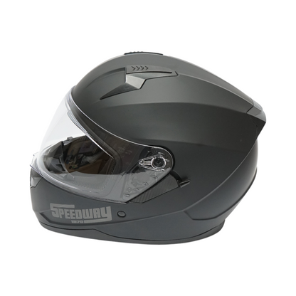 Matte black full face motorcycle helmet with a clear visor and sunglasses, size L Arcane II