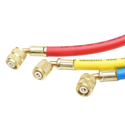 90 cm hose set in 3 colors for charging R-410a refrigerant.