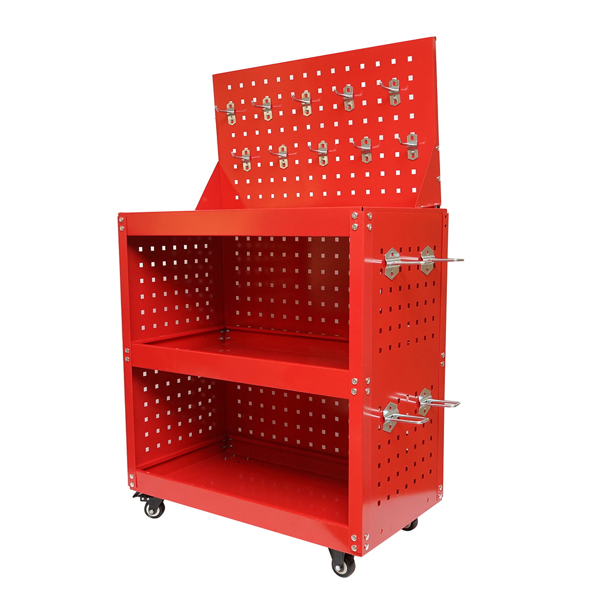 Metal cart on wheels with 3 shelves and panel with tool supports 660x360x1080mm