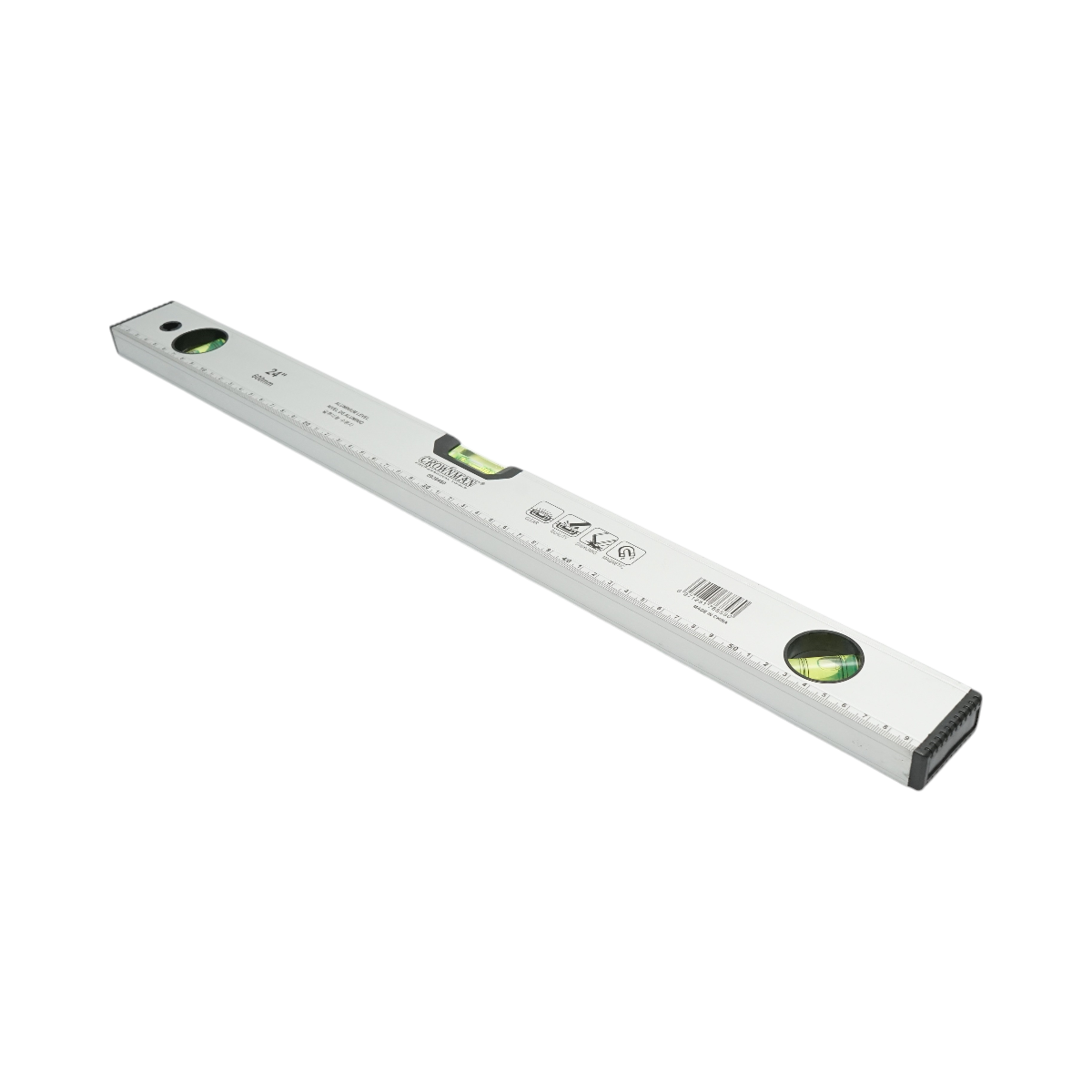 Magnetic aluminum level 600mm, 3 level bubbles, graduated ruler 0-60cm Crownman