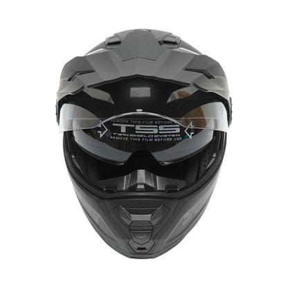 Matte black full-face motocross helmet with a clear visor and sunglasses, size XL Lion