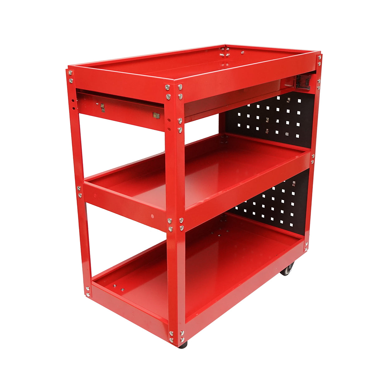 Metal trolley on wheels with 3 shelves, supports, and drawer for tools 660x360x730mm