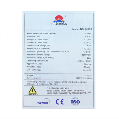 540W Polycrown A Grade solar panel, mono, photovoltaic 2279x1134x35mm