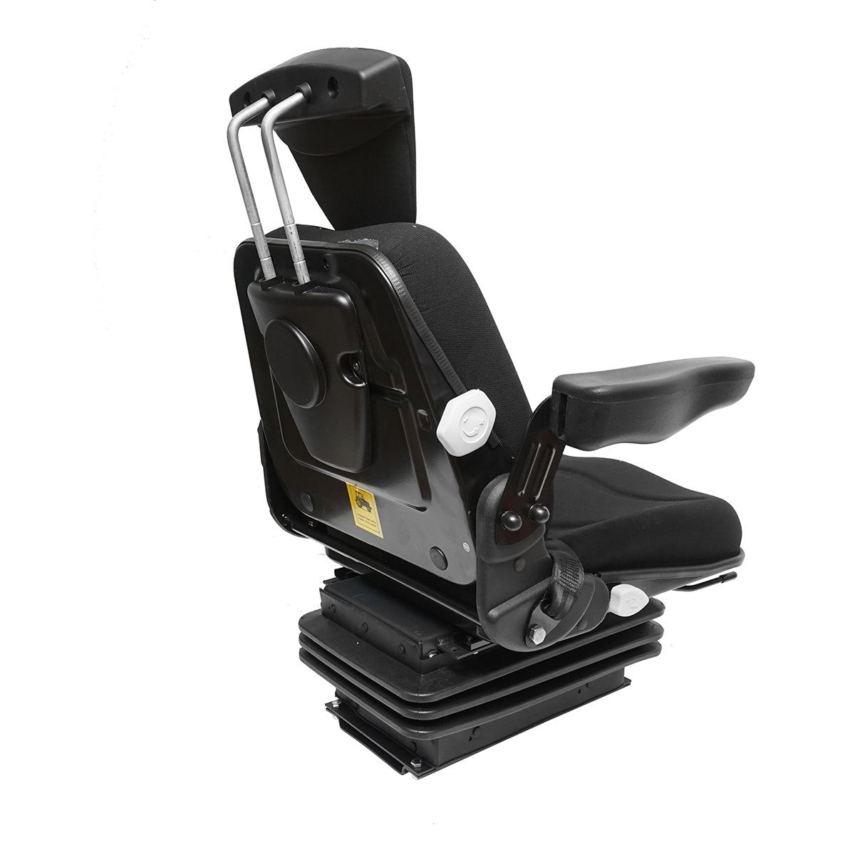 Black adjustable tractor seat with armrest, headrest, seatbelt, and mechanical suspension, seat width 455mm
