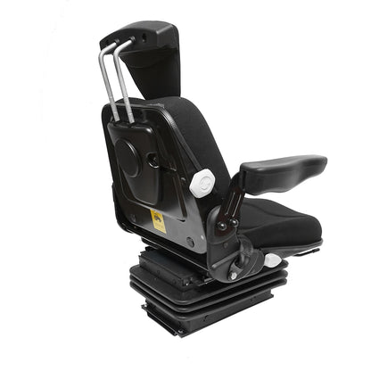 Black adjustable tractor seat with armrest, headrest, seatbelt, and mechanical suspension, seat width 455mm