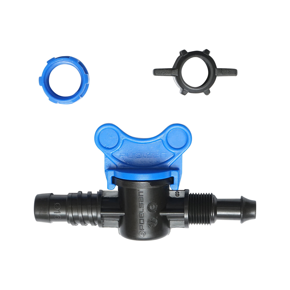 Equal drip tube faucet D16mm, PN4, for irrigation systems.