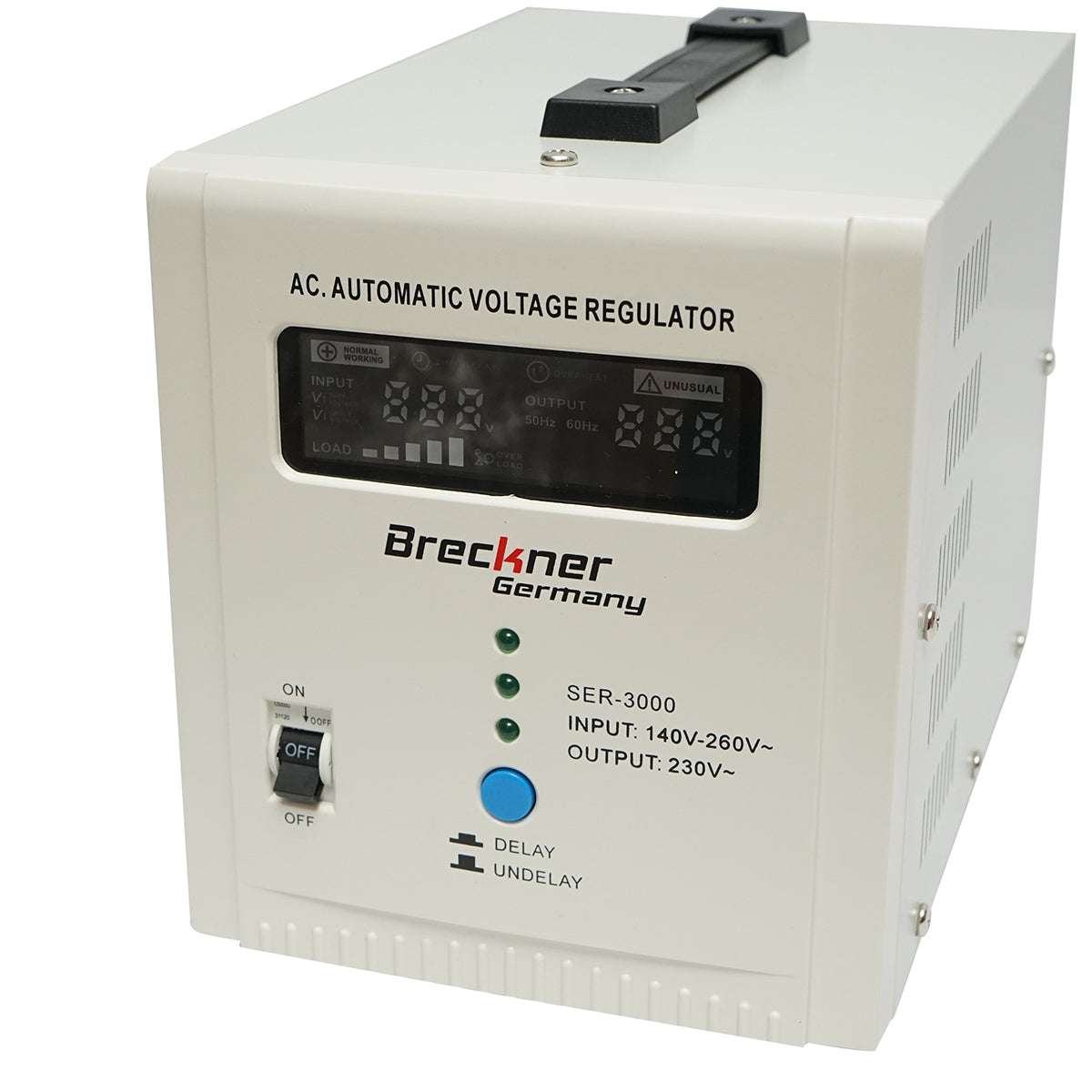 Automatic single-phase voltage stabilizer with relay 3000VA/140-260V, 2 Schuko sockets 230V, LCD display Breckner Germany