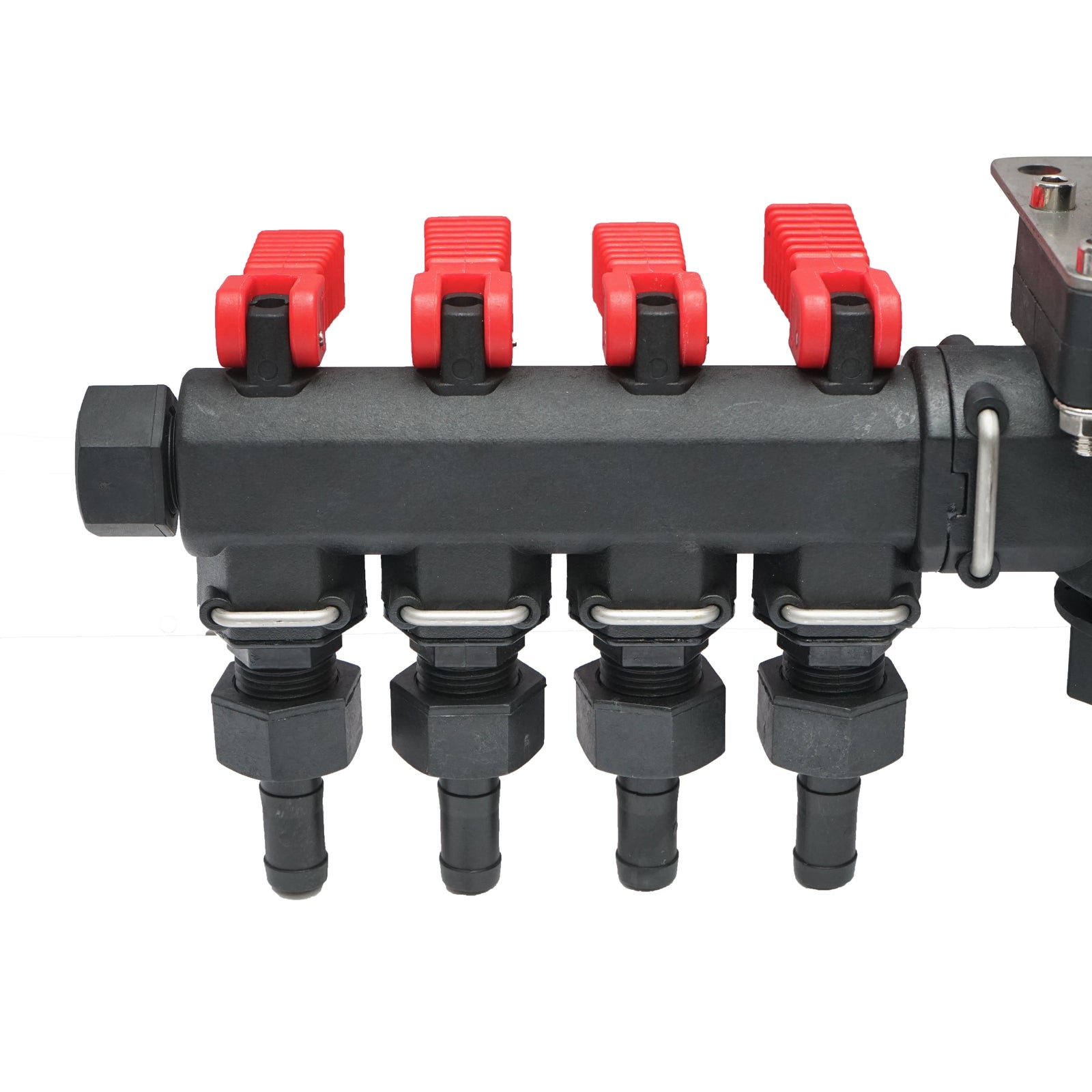 Distributor with 4 outlets and glycerin manometer for herbicide sprayer.