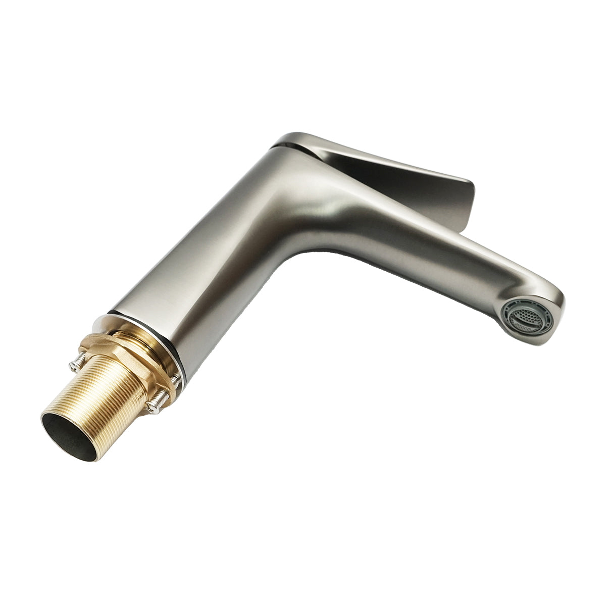 Bathroom sink faucet, mounted on sink or countertop, matte graphite finish.