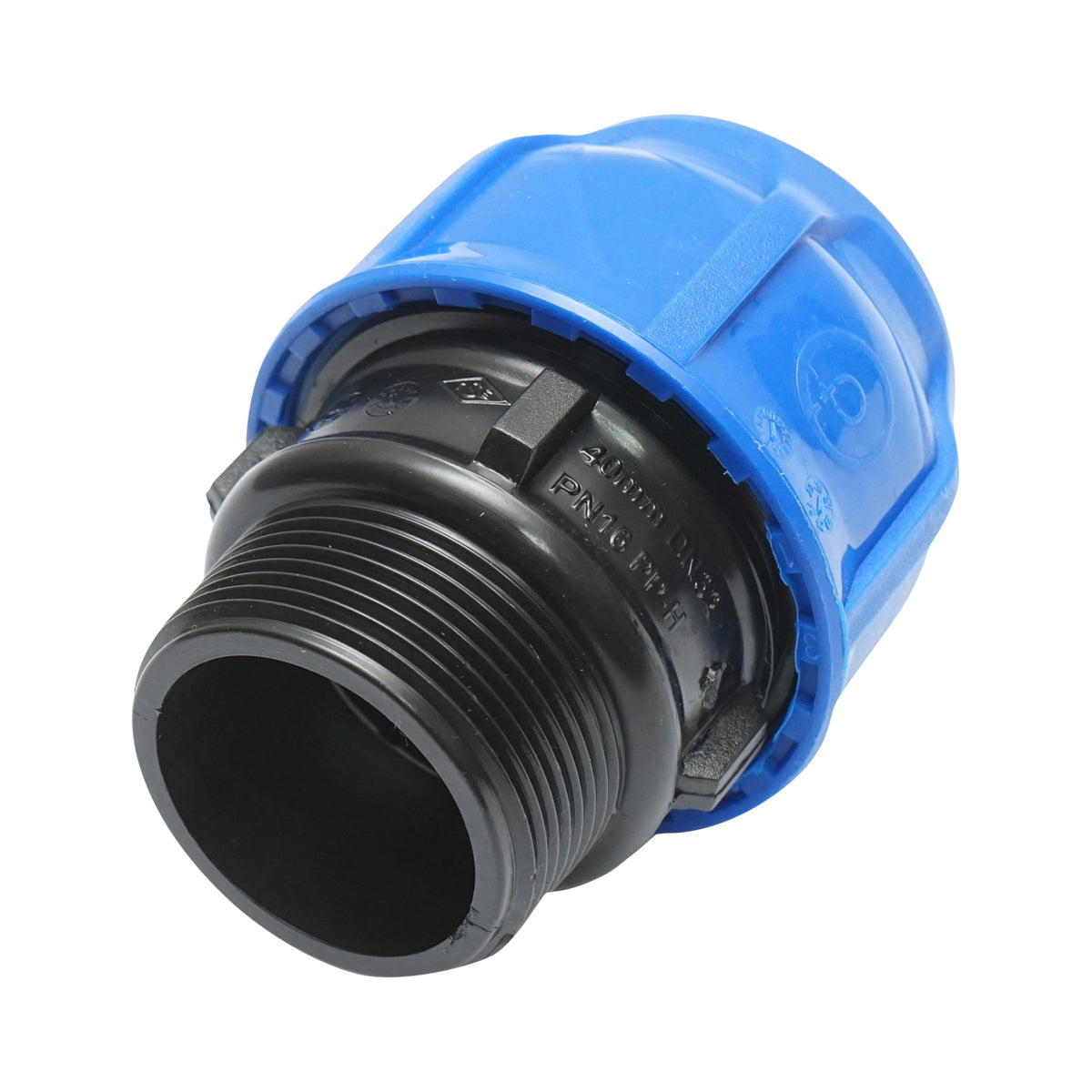 Compression fitting with external thread D40mmx1-1/2 inch, PN16 for irrigation systems