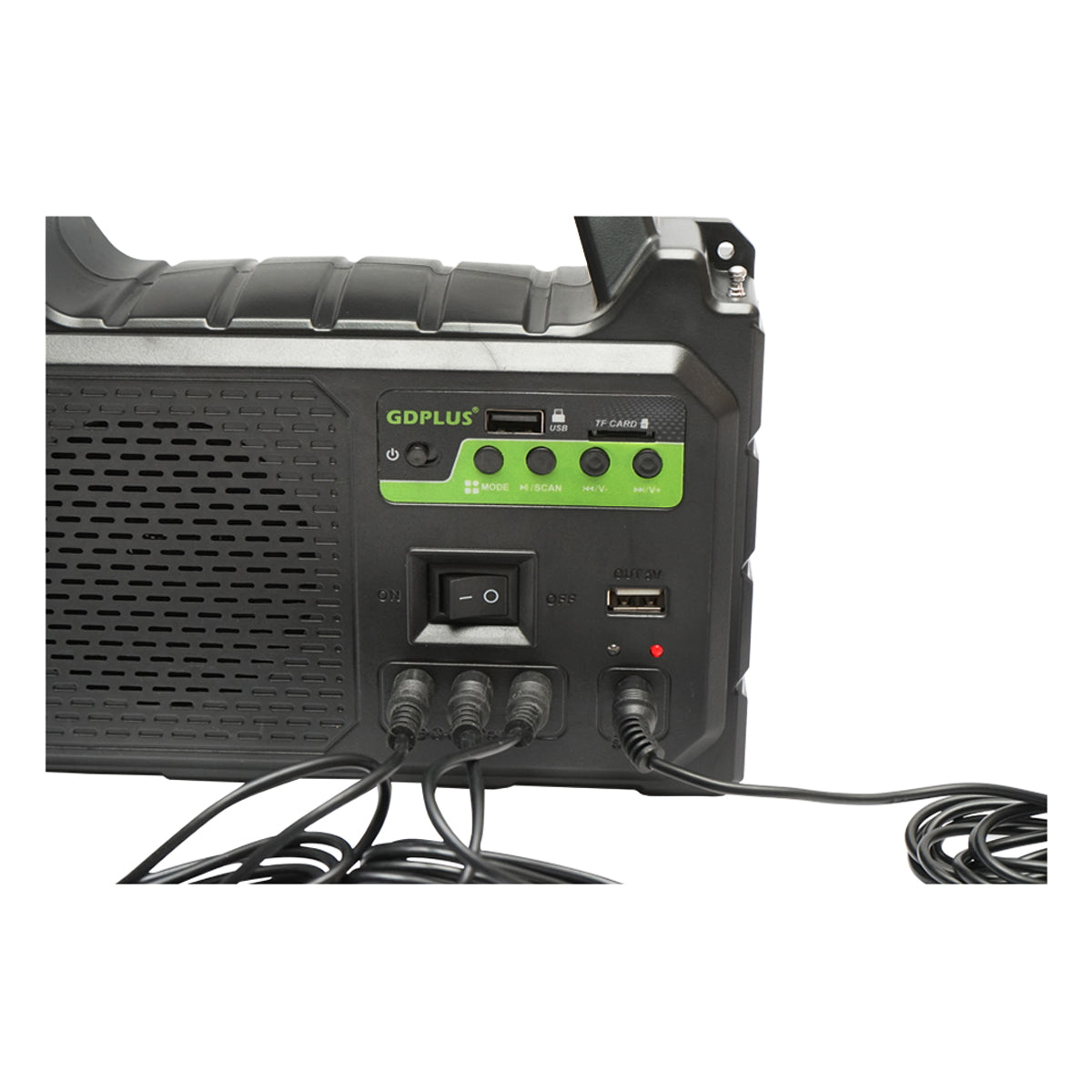 Portable LED lighting kit with 3 bulbs/projector, FM radio, MP3, solar panel, and 3.7V, 4500 mAh battery for fishing camping GD-P30FM
