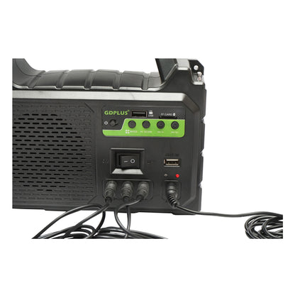 Portable LED lighting kit with 3 bulbs/projector, FM radio, MP3, solar panel, and 3.7V, 4500 mAh battery for fishing camping GD-P30FM