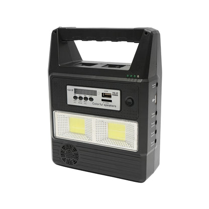 Portable LED lighting kit with 3 bulbs/projector, FM radio, solar panel remote control and 6V, 3 Ah battery for fishing camping GD-8216